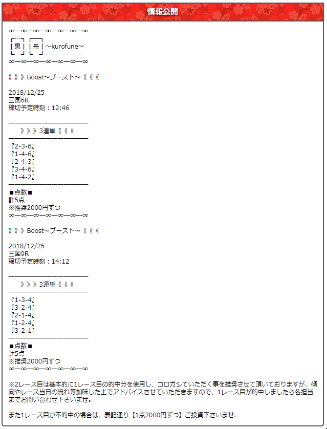 黒舟の有料予想2018/12/25