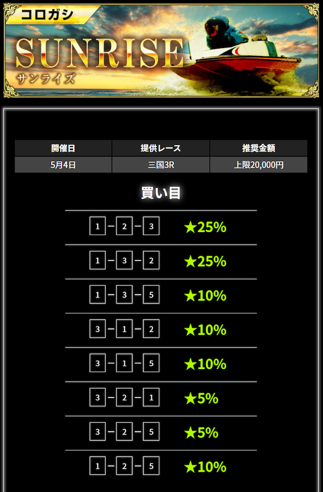 リアルタイムボート：有料予想サンライズ1レース目