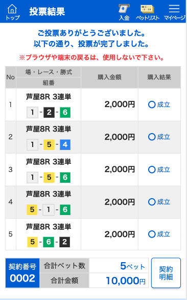 競艇バイキング有料予想初めの一歩8月26日投票画面