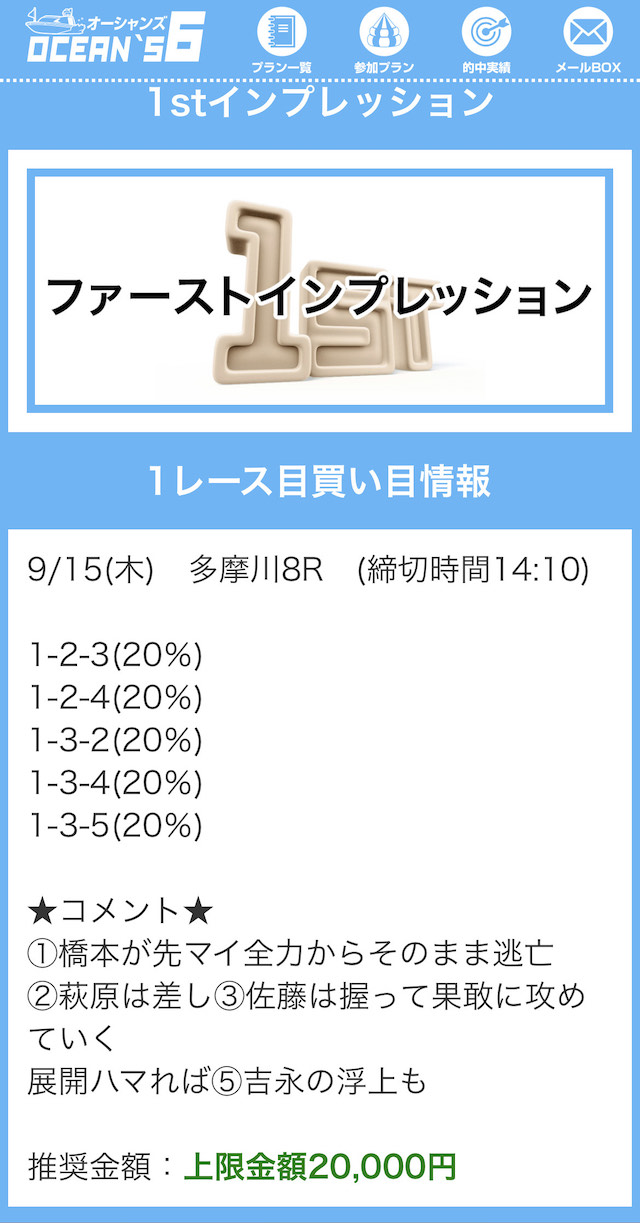 オーシャンズ6のファーストインプレッションの買い目